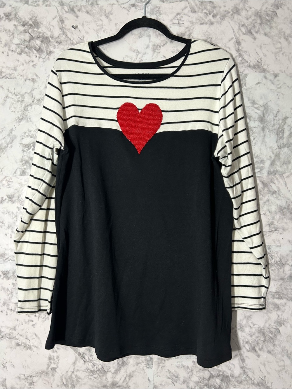 Charter Club Black & White Striped Long-Sleeve Top with Red Heart